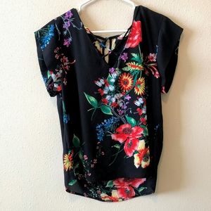 Lily White Floral Blouse Shirt Strappy V-Neck Top